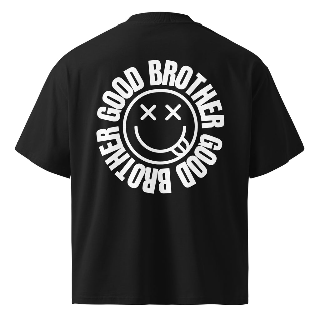 GoodBrother Seal Tee — black oversized high-neck t-shirt, back view with the white GoodBrother smiley seal printed large across the back
