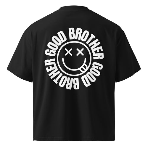 GoodBrother Seal Tee — black oversized high-neck t-shirt, back view with the white GoodBrother smiley seal printed large across the back