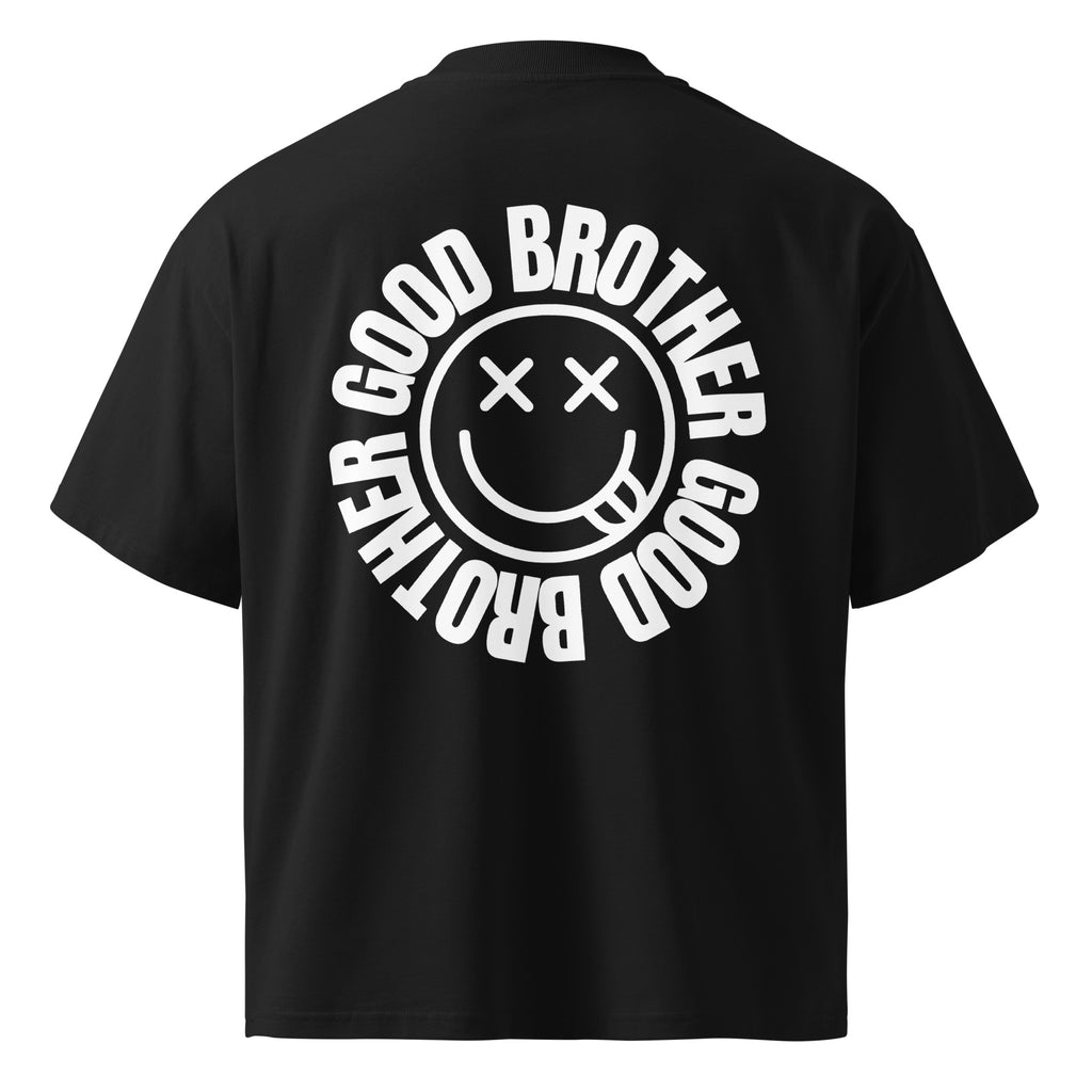 GoodBrother Seal Tee — black oversized high-neck t-shirt, back view with the white GoodBrother smiley seal printed large across the back