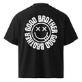 GoodBrother Seal Tee — black oversized high-neck t-shirt, back view with the white GoodBrother smiley seal printed large across the back