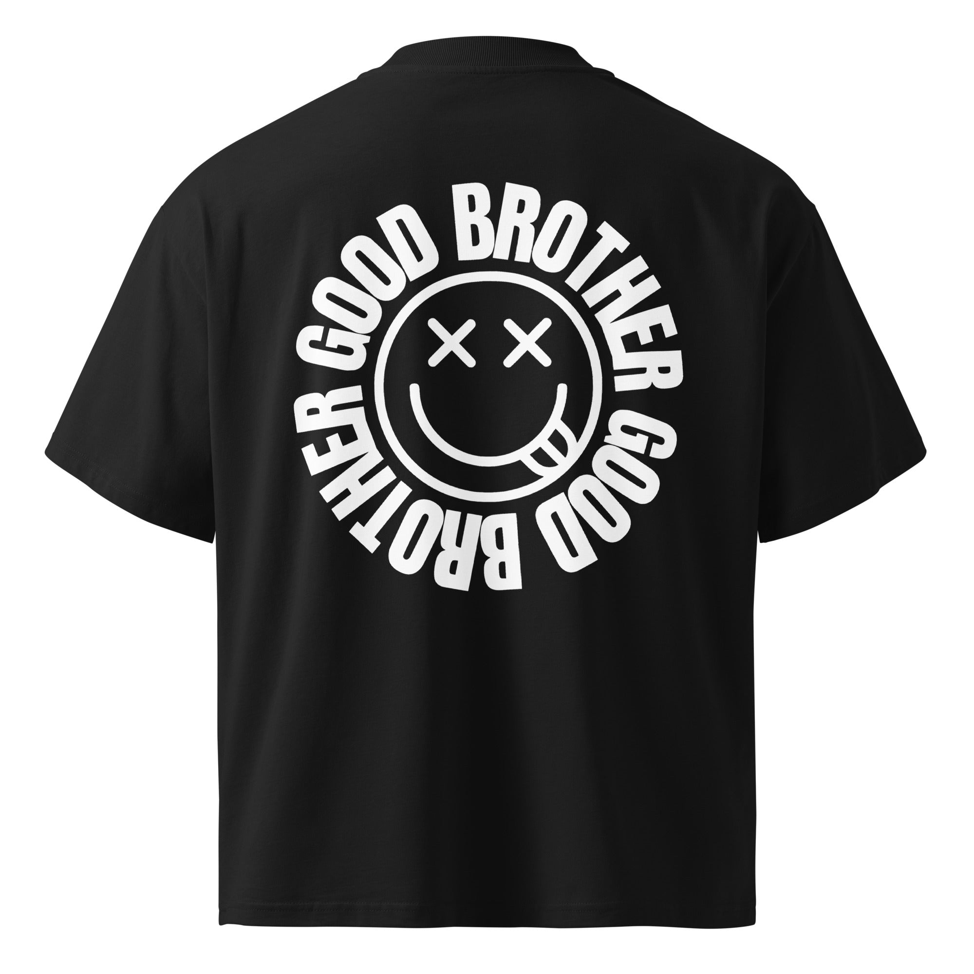 GoodBrother Seal Tee — black oversized high-neck t-shirt, back view with the white GoodBrother smiley seal printed large across the back