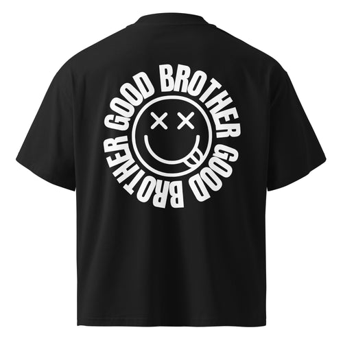 GoodBrother Seal Tee — black oversized high-neck t-shirt, back view with the white GoodBrother smiley seal printed large across the back
